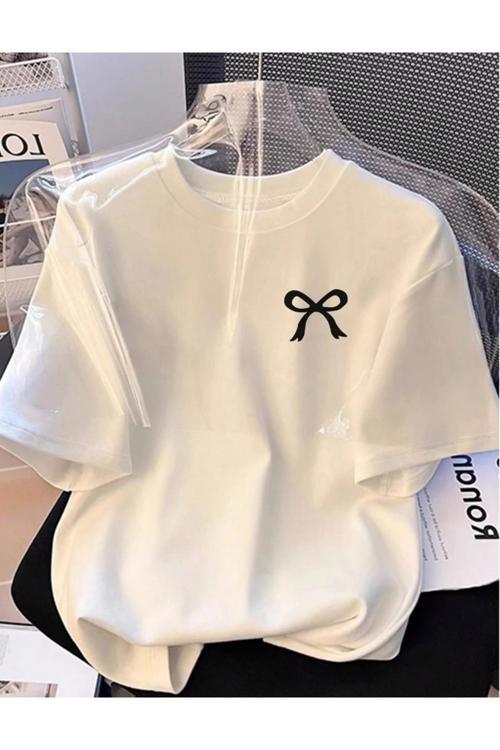 Unisex Erkek/Kadın Mini Kurdele Özel Baskılı Oversize Pamuklu Bisiklet Yaka T-Shirt Tshirt