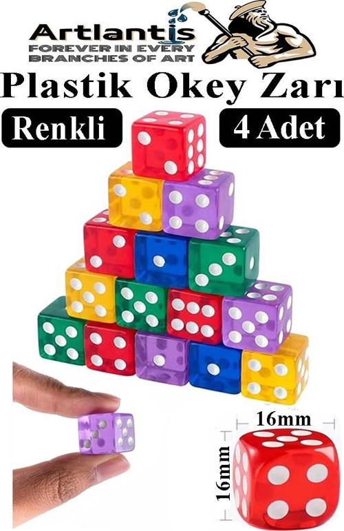 Okey Zarı 4 Adet Renkli Oyun Zarı Plastik Akrilik 16 mm Şeffaf Zar Masa Oyunları Zarı Eğlence