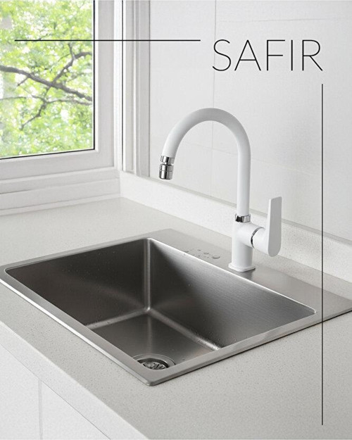 Safir White Serisi Kuğu Eviye Bataryası Seramik Kaplama Mutfak Bataryası Beyaz Evye Bataryası