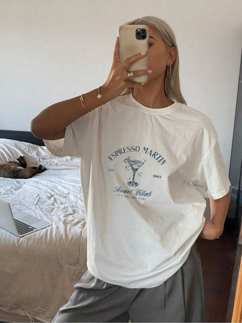 Kadın Beyaz Espresso Martın Baskılı T-Shirt- Bisiklet Yaka