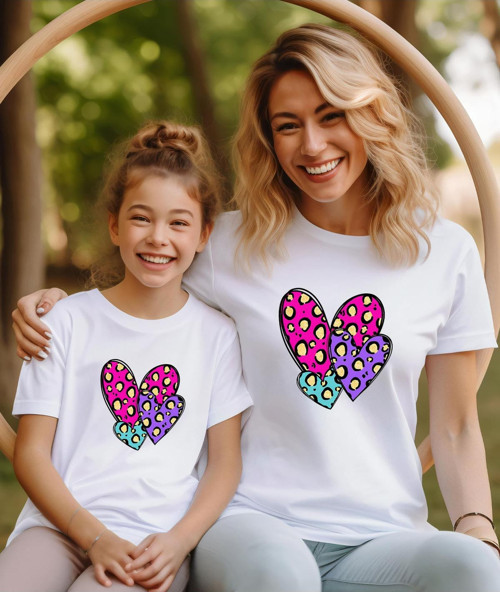 Kalp Baskılı Anne Kız T-Shirt -Kombin (Tekli Üründür Kombin Yapmak Için 2 Adet Sepete Ekleyiniz)