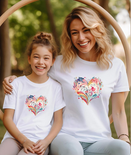 Renkli Kalp Tasarım Anne Kız Tişört-Tshirt (Tekli Üründür Kombin İçin Sepete 2 Adet Ekleyiniz)