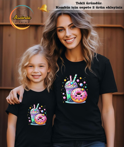 Donat Baskılı Anne-Kız Kombin Tişört (Kombin Yapmak İçin 2 Ürün Ekleyiniz)