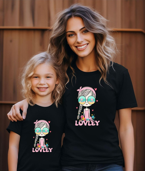 Anne-Kız Baskılı Tişört ,Bisiklet Yaka T-Shirt (Kombin Yapmak İçin 2 Adet Ekleyiniz)