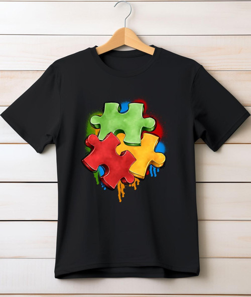 Puzzle Baskılı Bisiklet Yaka T-Shirt