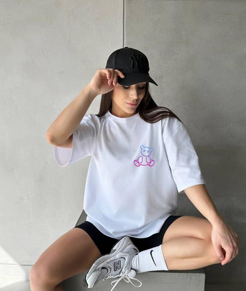Ayıcık Baskılı Özel Tasarım Bisiklet Yaka Pamuklu T-Shirt