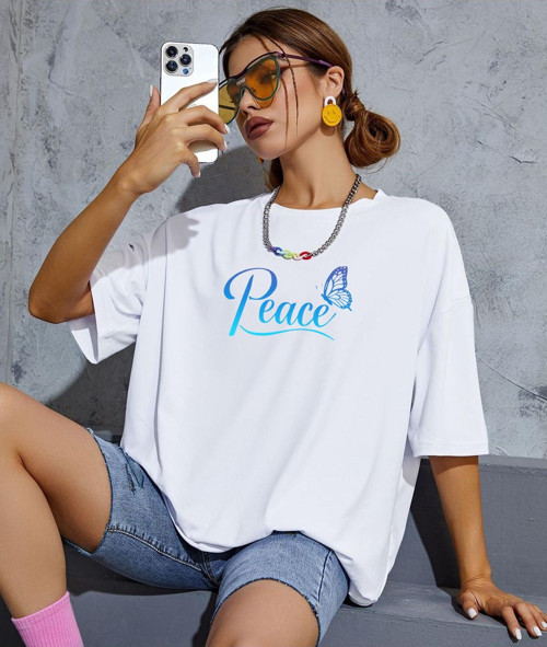 Peace Kelebek Baskılı Tişört (Kombin Yapmak İçin 2 Ürün Ekleyiniz)