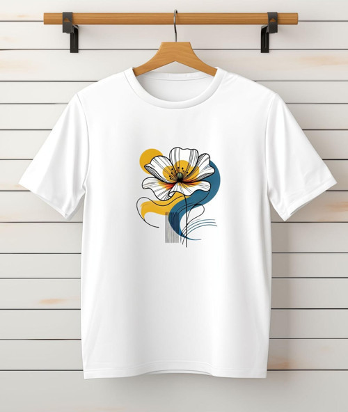 Çiçek Baskılı Tasarım Tshirt-Bisiklet Yaka Pamuklu Siyah /Beyaz Tişört