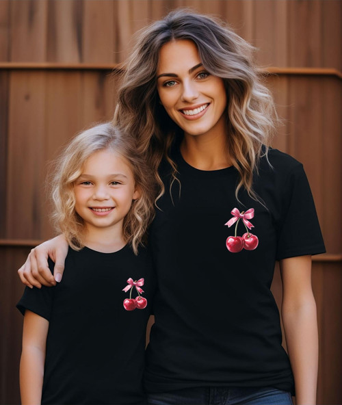 Aile Kombin Tişört- Anne Kız Kiraz Baskılı Bisiklet Yaka Tişört/T-Shirt (Tek Adet Fiyatıdır.)