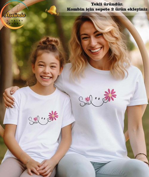 Smile Baskılı Beyaz Anne-Kız Kombin Tişört (Kombin Yapmak İçin 2 Ürün Ekleyiniz)