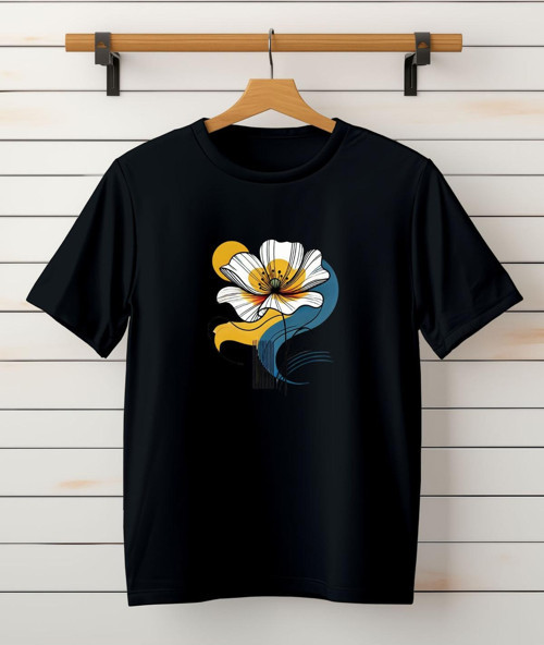Çiçek Baskılı Tasarım Tshirt-Bisiklet Yaka Pamuklu Siyah /Beyaz Tişört