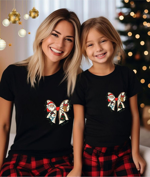 Fiyonk Baskılı Yılbaşı Temalı T-Shirt | Aile Kombin Tişört(Kombin Yapmak İçin Ürün Ekleyiniz)