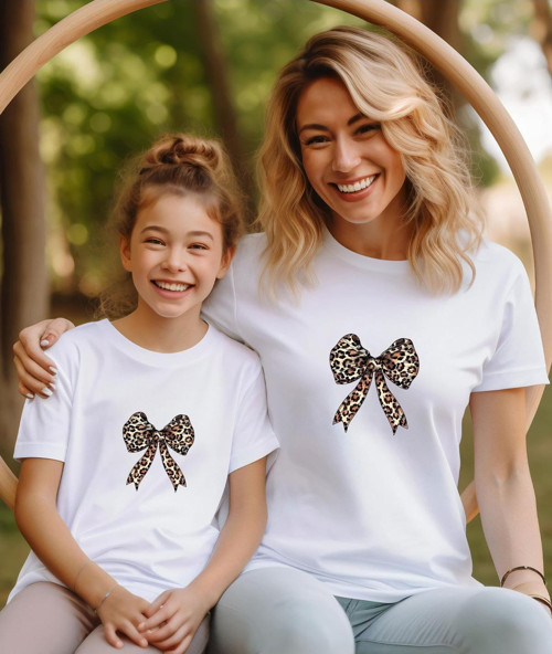 Anne-Kız Fiyonk Leopar Baskılı Tshirt,Bisiklet Yaka Beyaz-Siyah Tişört/T-Shirt (Tek Adet Fiyatıdır.)