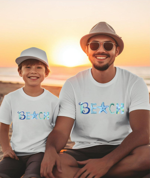 Beach Tatil Baskılı Aile Kombin Tişört (Tekli Üründür Kombin İçin Sepete 2 Adet Ekleyiniz)