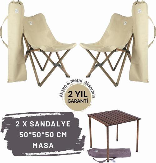 Ahşap Katlanır Masa Sandalye Seti Antrasit Iskelet Bej Kılıf -50x50x50 Antrasit Masa