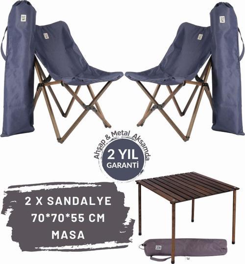 Ahşap Katlanır Masa Sandalye Seti Antrasit Iskelet Lacivert Kılıf, 70x70x55 Antr Masa
