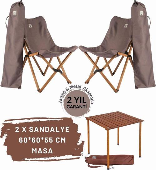 Ahşap Katlanır Masa Sandalye Seti Kahverengi Iskelet Koyu Grı Kılıf -60x60x55 Kahve Masa