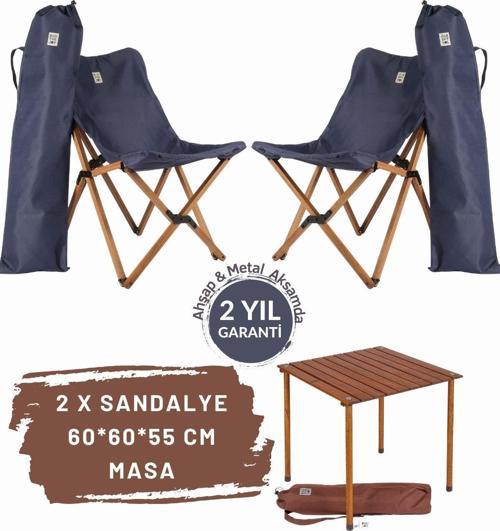 Ahşap Katlanır Masa Sandalye Seti Kahverengi Iskelet Lacivert Kılıf, 60x60x55 Kahve Masa