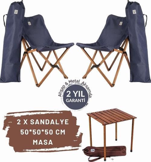 Ahşap Katlanır Masa Sandalye Seti Kahverengi Iskelet Lacivert Kılıf–50x50x50 Kahve Masa