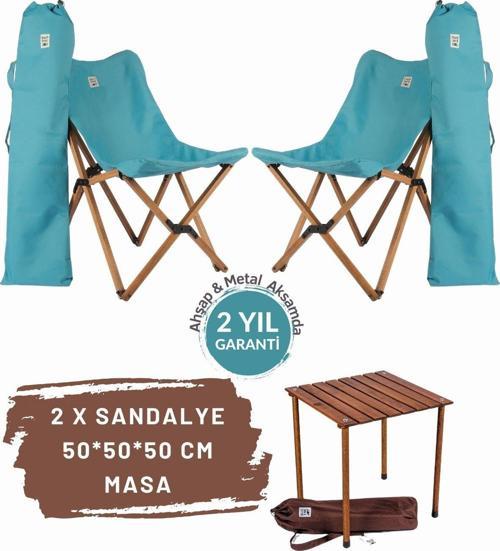 Ahşap Katlanır Masa Sandalye Seti Kahverengi Iskelet Turkuaz Kılıf-50x50x50 Kahve Masa