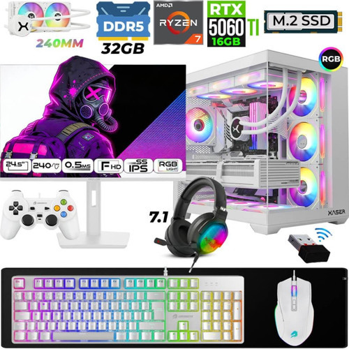 Moon X60 Ryzen 7 7800X3D 32GB DDR5 Ram 1TB M.2 NVMe SSD 16GB RTX5060Ti Sıvı Soğutmalı 24,5" 240Hz Oyuncu Tavsiye S