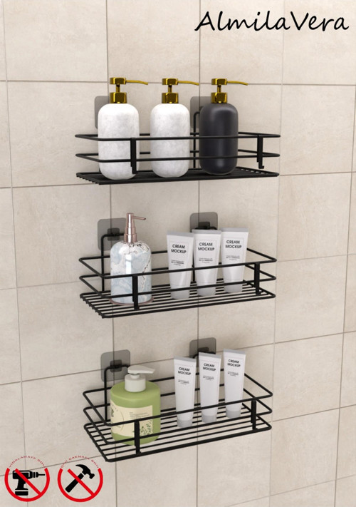 Güçlü Yapışkanlı 3 Adet 3 Katlı Banyo Mutfak Düzenleyici Rafı Mat Siyah