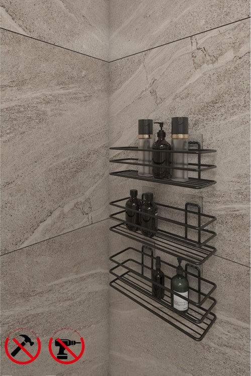 Güçlü Yapışkanlı 3 Adet 3 Katlı Banyo Mutfak Düzenleyici Rafı Mat Siyah