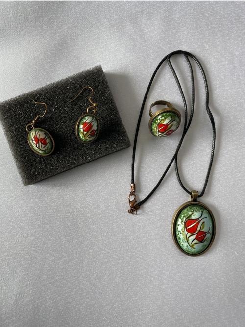 Iznik Çini Set Kolye Küpe Yüzük Otantik El Boyaması Yeşil Renk Deri Ipli