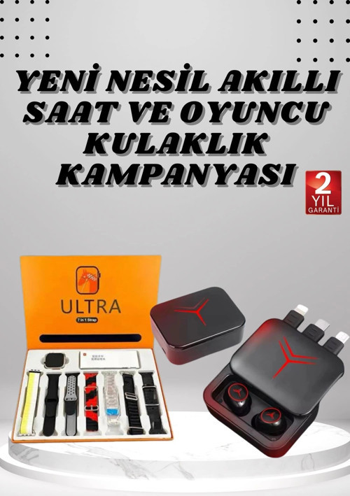 Dijital Göstergeli Powerbank Kablosuz Kulaklık ve 7 Kordonlu Yeni Nesil Akıllı Saat Dokunmatik Kontr