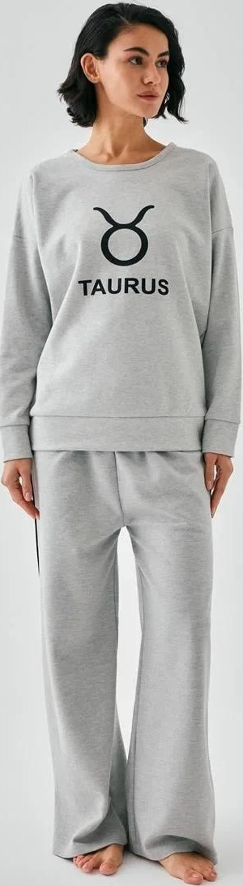 Kadın Gri Boğa Burcu Oversize 2 İplik Eşofman Ev Giyim Takımı