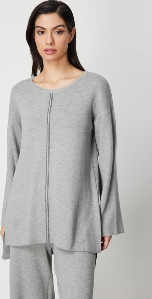 Kadın Önü Taş İşlemeli Uzun Triko Kazak 63320 Gri