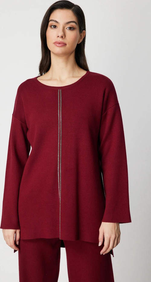 Kadın Önü Taş İşlemeli Uzun Triko Kazak 63320 Bordo