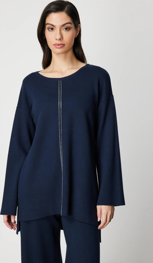 Kadın Önü Taş İşlemeli Uzun Triko Kazak 63320 Lacivert