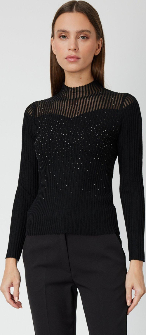 Kadın Yakası Transparan Taşlı Triko Kazak 60340 Siyah