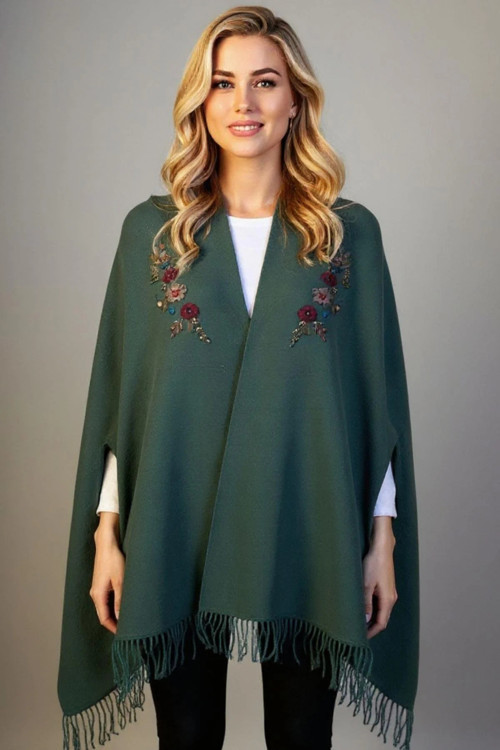 Kadın Yakası İşlemeli Koldan Geçmeli Büyük Yün Panço 25060 Yeşil