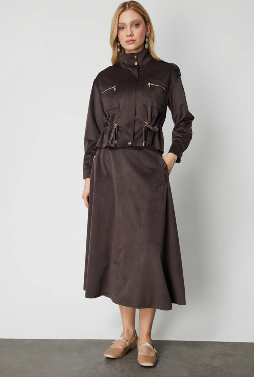 Kadın Cebi Metal Aksesuarlı Midi Boy Etek 66533 Kahverengi