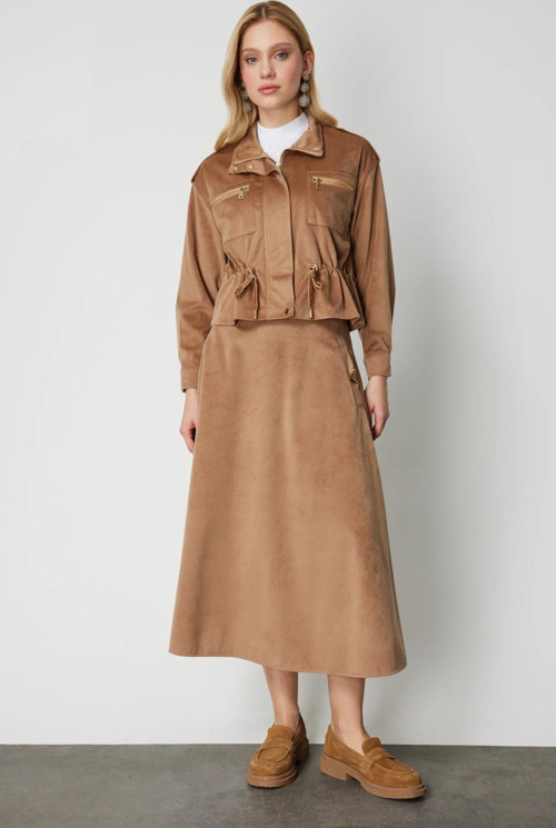 Kadın Cebi Metal Aksesuarlı Midi Boy Etek 66533 Camel