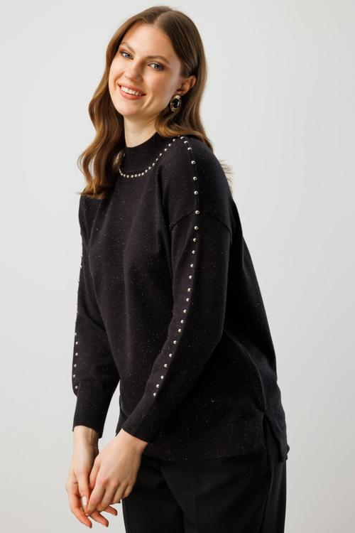 Kadın Büyük Beden Kumaşı Simli Zımba Detaylı Triko Kazak 60307 Siyah