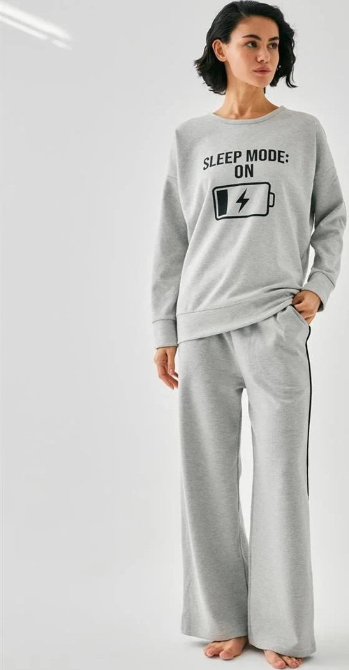 Kadın Gri Sleep Mode ON Oversize 2 İplik Eşofman Ev Giyim Takımı