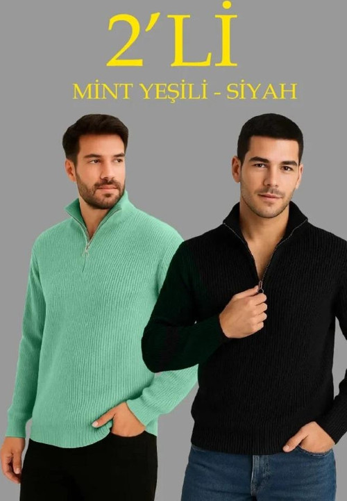Erkek Fitilli Triko Kazak 2’li Set – Mint Yeşili Siyah, Kalın Dokuma Pamuklu Regular Fit V Yaka Fe