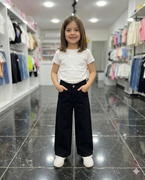 Kız Çocuk Pamuklu Beli Lastikli Jean Pantolon Rahat Kalıp Geniş Bol Paça Kot Pantolon