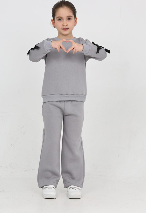Kız Çocuk 3 İplik Şardonlu Kurdele Detaylı Basic Sweatshirt-Bol Kesim Palazzo Eşofman Takım