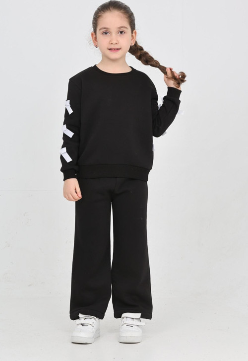 Kız Çocuk 3 İplik Şardonlu Kurdele Detaylı Basic Sweatshirt-Bol Kesim Palazzo Eşofman Takım