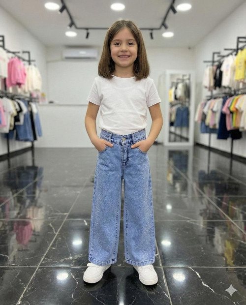 Kız Çocuk Pamuklu Beli Lastikli Jean Pantolon Rahat Kalıp Geniş Bol Paça Kot Pantolon