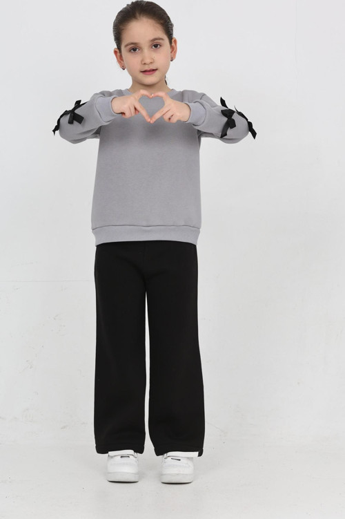 Kız Çocuk 3 İplik Şardonlu Kurdele Detaylı Basic Sweatshirt-Bol Kesim Palazzo Eşofman Takım