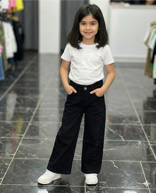 Kız Çocuk Pamuklu Beli Lastikli Jean Pantolon Rahat Kalıp Geniş Bol Paça Taş Detaylı Kot Pantolon