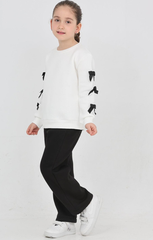 Kız Çocuk 3 İplik Şardonlu Kurdele Detaylı Basic Sweatshirt-Bol Kesim Palazzo Eşofman Takım