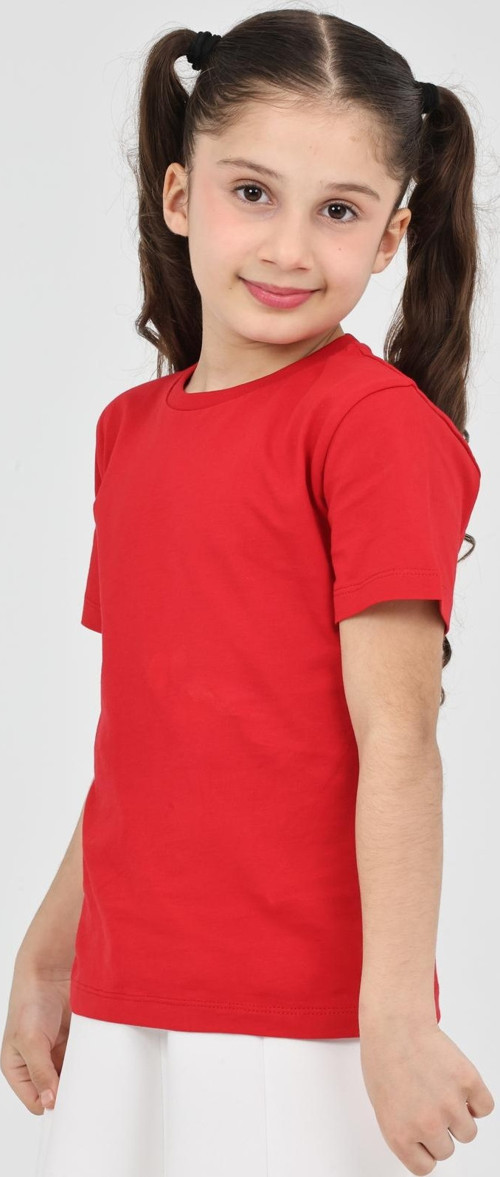 Kız Çocuk Kırmızı Düz Baskısız Kısa Kol Basic Casual-Okul T-Shirt