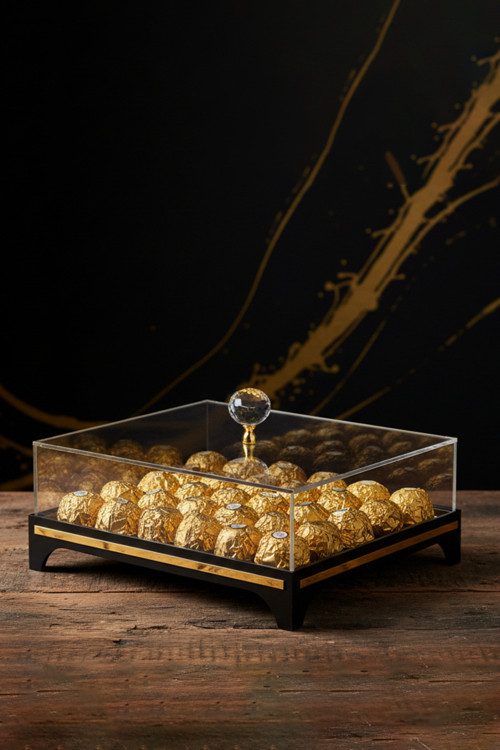 Çikolata Hediye Bohça Çeyiz Nişan Kutusu Gold - Şeffaf Pleksi