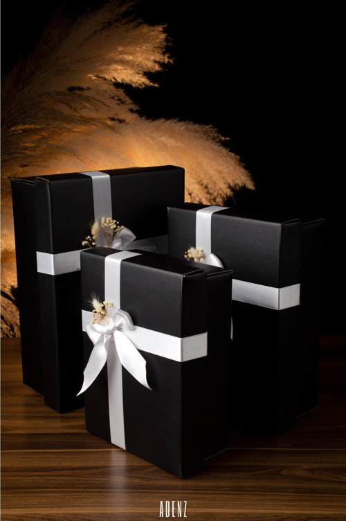 Hediye Bohça Çeyiz Kutusu 3'Lü Set- 1. Sınıf Saten Kurdeleli Kuru Çiçek Süsleme